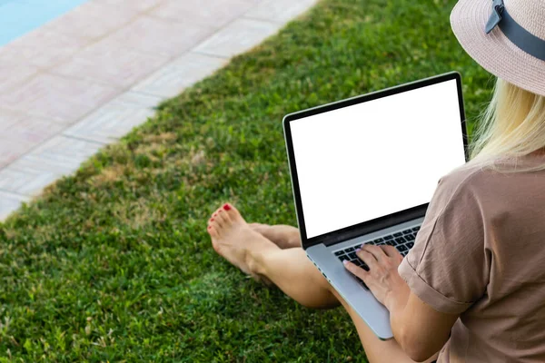 woman watching video course, distance e-learning, studying with online teacher by webcam. Remote education, work from home concept. Over shoulder close up laptop mock up screen view