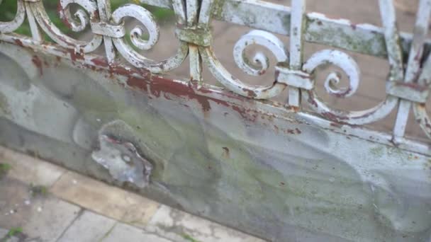 ハンディマンは錆びたフェンスから古い塗料をこすり — ストック動画