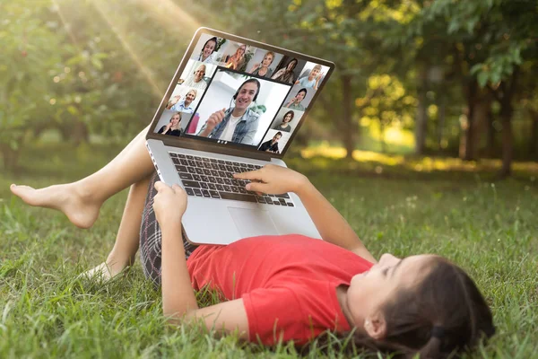 Home Schooling Girl Sitting Table Laptop Online Video Chat School — Stock Photo, Image