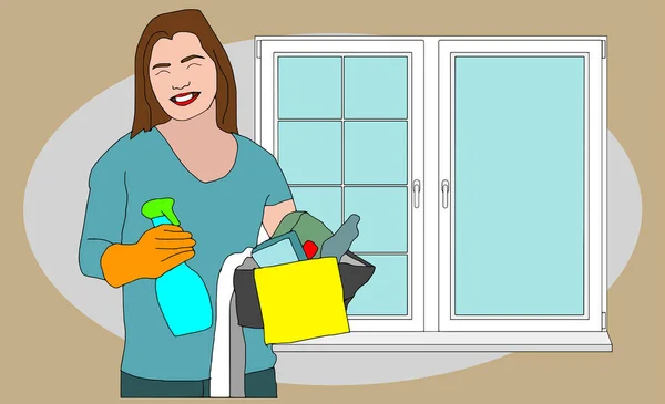 Woman Making Window Cleaning Flat Style Vector Illustration Isolated Vector —  Vetores de Stock