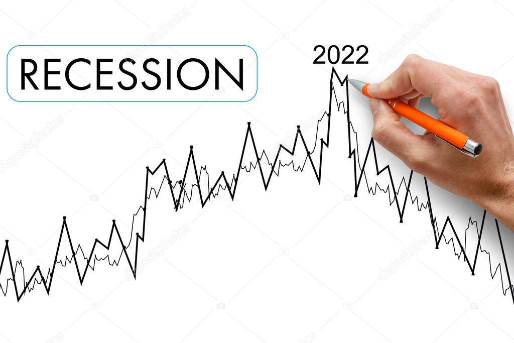 Crisis 2022. Quarterly or annual report of companies. Economic recession on the chart. Chart arrow pointing down against falling chart and dollar symbol.