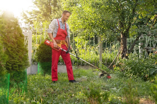 Cortar Relva Com Cortador Relva Jardim Trabalho Fundo Conceito — Fotografia de Stock