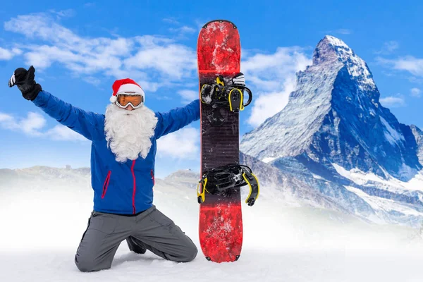 Pai Natal Num Snowboard Homem Terno Vermelho Papai Noel Com — Fotografia de Stock