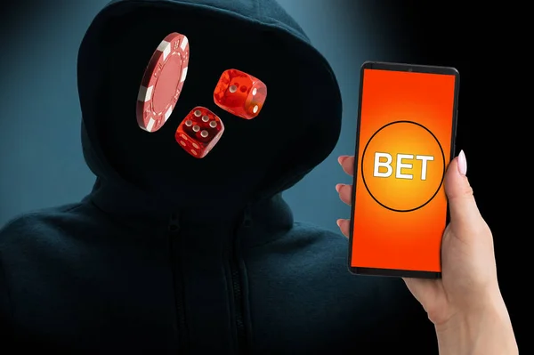 Man Face Hood Holds Luminous Bitcoin Icon Dark Background — ストック写真