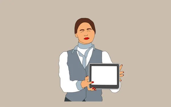 Dijital Tablet Üzerinde Çalışan Gülümseyen Kadın Portresi Pastel Tonlarda Vektör — Stok Vektör
