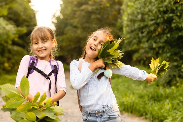 Güneşli bir sonbahar gününde bir parkta birlikte poz iki sevimli gülümseyen 8 yaşındaki kız. Dostluk kavramı