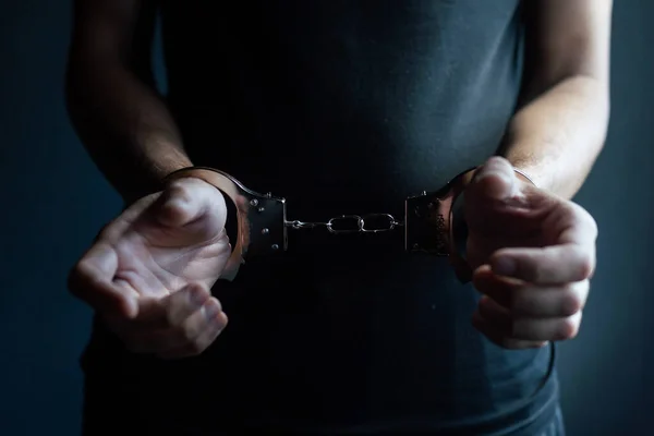 Male Hands Handcuffs Black Background — Stockfoto