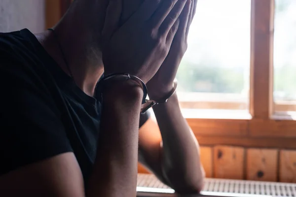 Male Hands Handcuffs Black Background — 스톡 사진