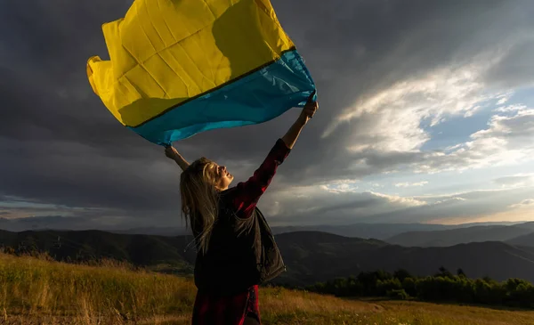 Woman Holding Yellow Blue Flag Ukraine Outdoors Independence Day Flag — Stock Photo, Image