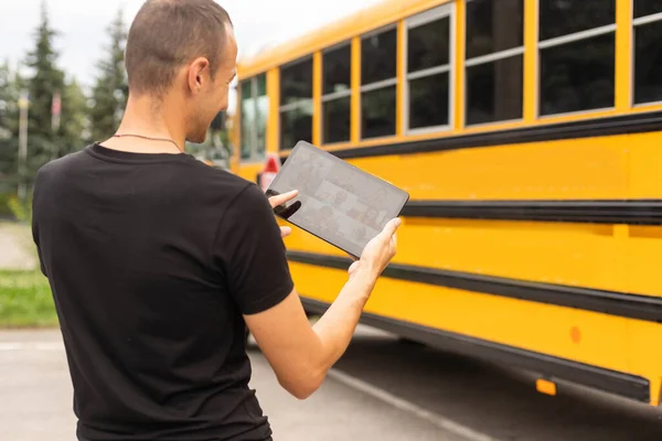 Male Teacher Student Digital Tablet School Bus Video Chat — Φωτογραφία Αρχείου