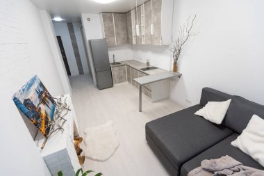 Resimli ve dekoratif şömineli şık bir oda..