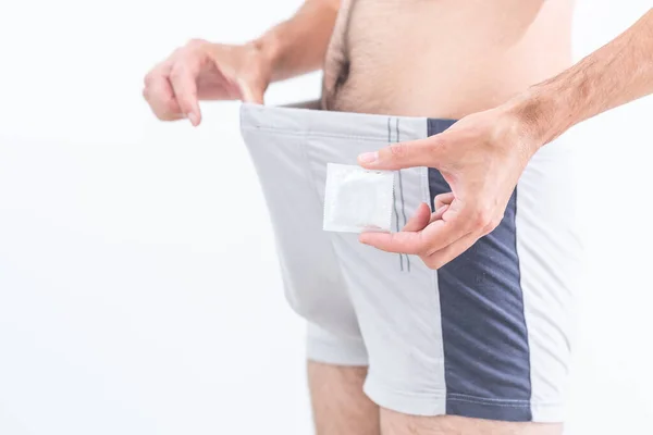 Man Underwear Holding Condom — Stockfoto