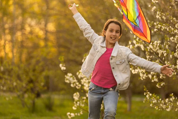 Happy Little Girl Running Kite Hands Beautiful Field Sunrishe Time — стоковое фото
