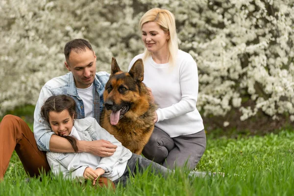 Family Small Child Dog Outdoors Orchard Spring — Stock Photo, Image