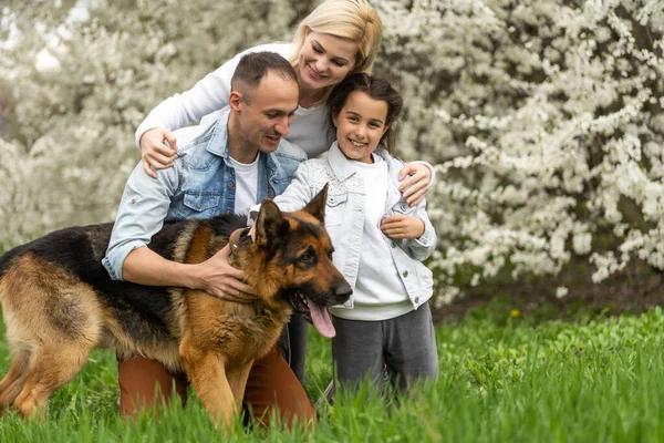 Outdoor Portrait Happy Young Family Playing Spring Park Blooming Tree — 스톡 사진