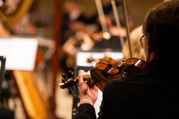 Orquesta Sinfónica Escenario Manos Tocando Violín —  Fotos de Stock