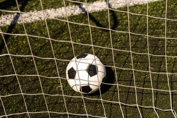 Close View Leather Soccer Ball Green Grass — Stock Photo, Image