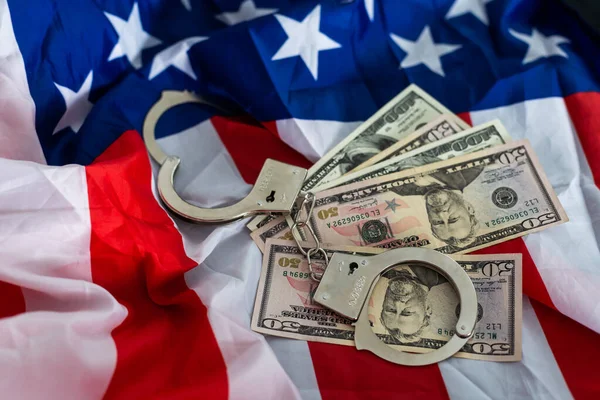 Metal Handcuff American Dollars Cash Flag Usa Illegal Concept Bribing — Stock Fotó