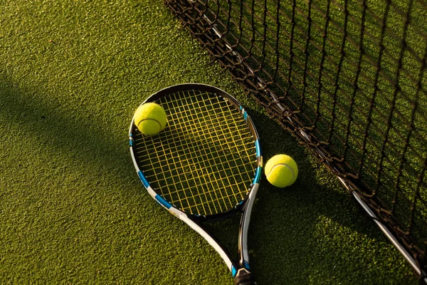 Tennis Balls Racket Green Grass Background — Foto de Stock