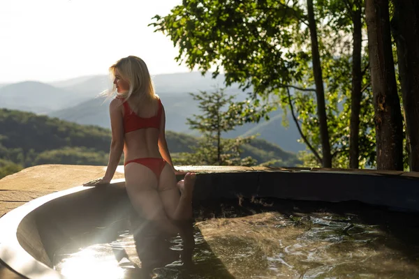 Woman Wearing Bathing Suit Open Air Bath Mountain View She — 스톡 사진