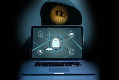 Hacker, laptop, bitcoin 'in soyut görüntüsü. Siber saldırı, virüs, kötü amaçlı yazılım, kripto para birimi, yasadışı ve siber güvenlik