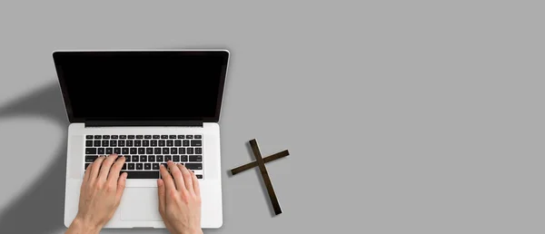 Holy Bible Laptop Cross Wooden Background High Quality Photo — Stok fotoğraf
