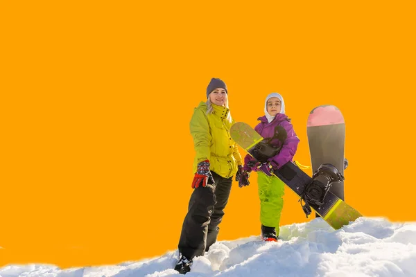 Snowboard Mother Daughter Orange Background — Stock Fotó