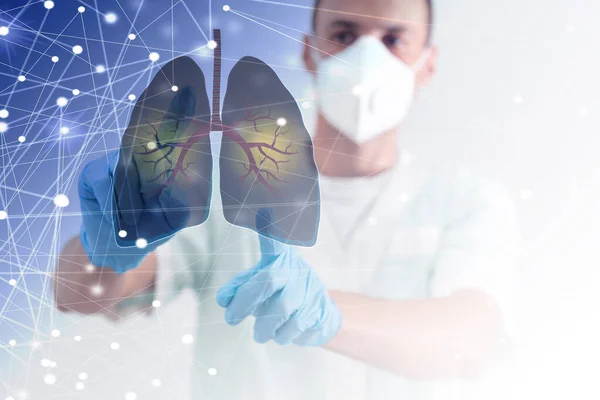 Female Doctor Holding Virtual Lungs Hand Handrawn Human Organ Copy — Zdjęcie stockowe