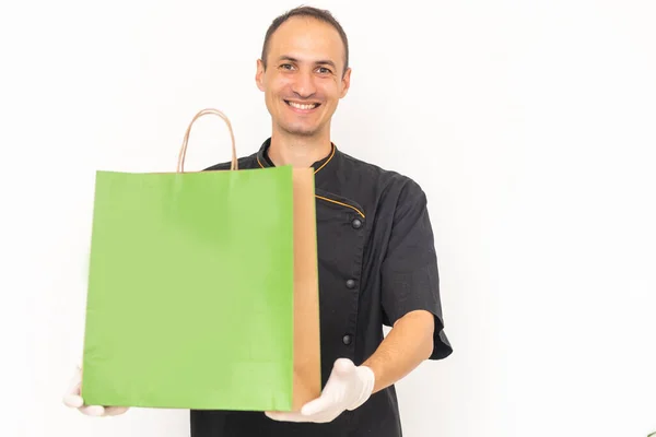 Delivery Man Employee Shirt Uniform Glove Hold Craft Paper Packet —  Fotos de Stock