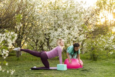 Anne ve kızı açık havada yoga, sağlıklı yaşam yapıyor