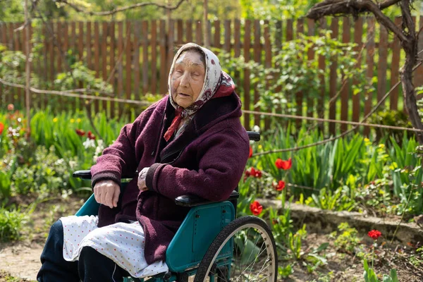 Стара Жінка Сидячи Інвалідному Кріслі Виглядає Сумно Стурбовано Депресія Охорона — стокове фото