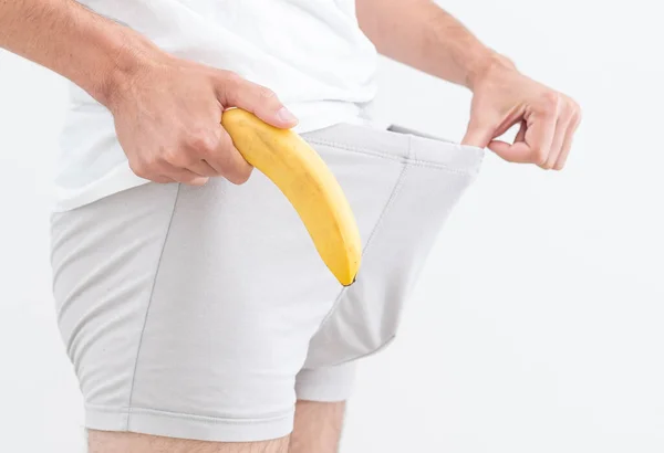 Чоловік Нижній Білизні Тримає Банан Концепція Сексуальних Проблем — стокове фото