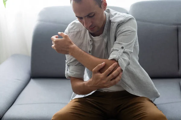 Mans Arm Touches Painful Wrist Caused Work — Stok fotoğraf