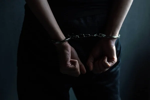 Male Hands Handcuffs Black Background — Stockfoto