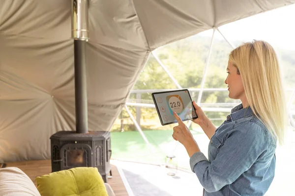 Woman Holding Tablet Smart Home Application Glamping Dome Tent Domestic — Fotografia de Stock