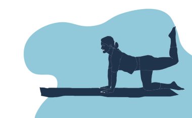 Yoga nilüfer çiçekli harika bir kız evde sevimli bir kediyle poz veriyor. Yoga çalışıyorum. Vektör çizimi. Genç ve mutlu bir kadın meditasyon yapıyor. Vektör illüstrasyonu