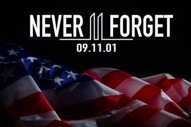 Vatanseverlik Günü 11 Eylül - ABD bayrağı veya Amerikan bayrağı, 911 anıtı ve arkaplan ve arkaplan harflerini asla unutma. Yüksek kalite fotoğraf