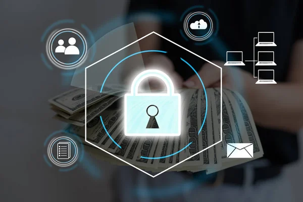 cybersecurity concept Global network security technology, business people protect personal information. Encryption with a key icon on the virtual interface.