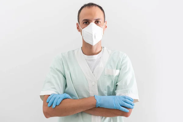 Läkare Bär Medicinsk Mask Och Handskar Isolerade — Stockfoto