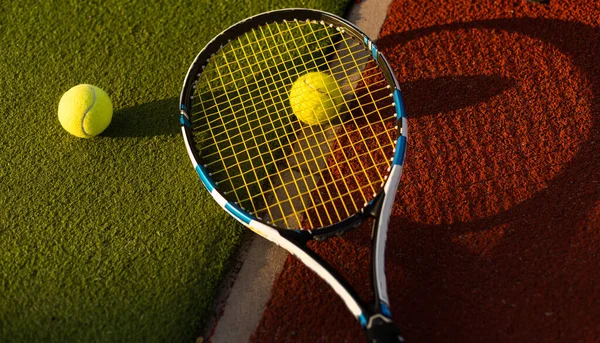 Tennis Balls Racket Green Grass Background — Stock Fotó
