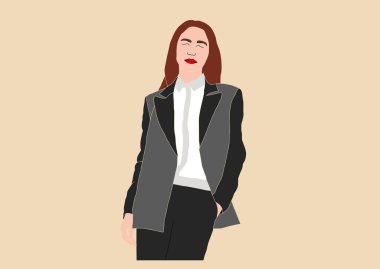 İş kadını, elini kaldırmış birini selamlıyor. Düz bir iş kadını portresi. Vektör çizimi. Vektör illüstrasyonu