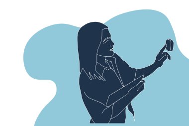 Sıcaklığı değiştirmek için akıllı ev aletini kullanan kadın portresi. Pastel tonlarda vektör illüstrasyonu. Vektör illüstrasyonu