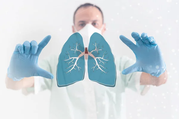Female Doctor Holding Virtual Lungs Hand Handrawn Human Organ Copy —  Fotos de Stock