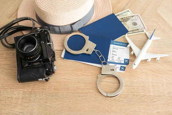 Passport Tickets Toy Plane Handcuffs — Fotografia de Stock