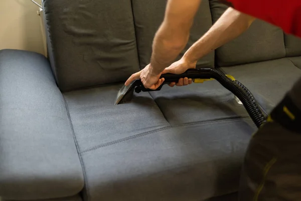 Man Dry Cleaners Employee Cleaning Sofa Professionally Extraction Method — Stock Photo, Image