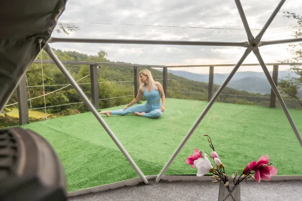 Nice Calm Female Doing Yoga Exercises Terrace House Meditating Peaceful —  Fotos de Stock