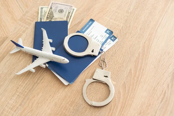 Passport Tickets Toy Plane Handcuffs Travel — Stock fotografie