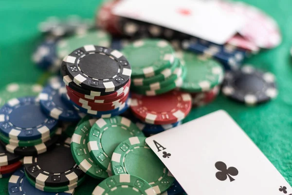 playing chips and playing cards close-up. the view from the top.