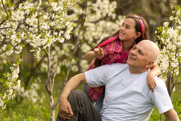 Adorable Cute Girl Grandfather Walk Park — 스톡 사진