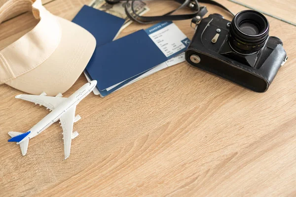 Travel Vacation Concept Trip Accessories Items Airplane Toy Passport Airplane — Stockfoto